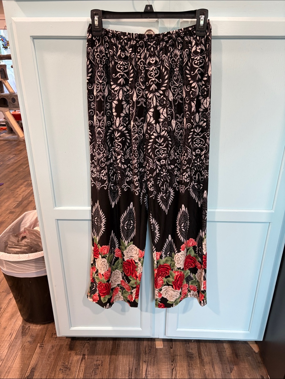 Melissa Paige Black Wide-Leg Pants with Red & Cream Rose Border